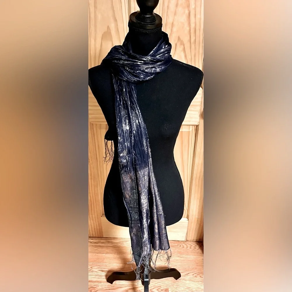 Vintage Navy Blue Silk Metallic Shimmer Scarf Wrap Evening Shawl Fringe Holiday